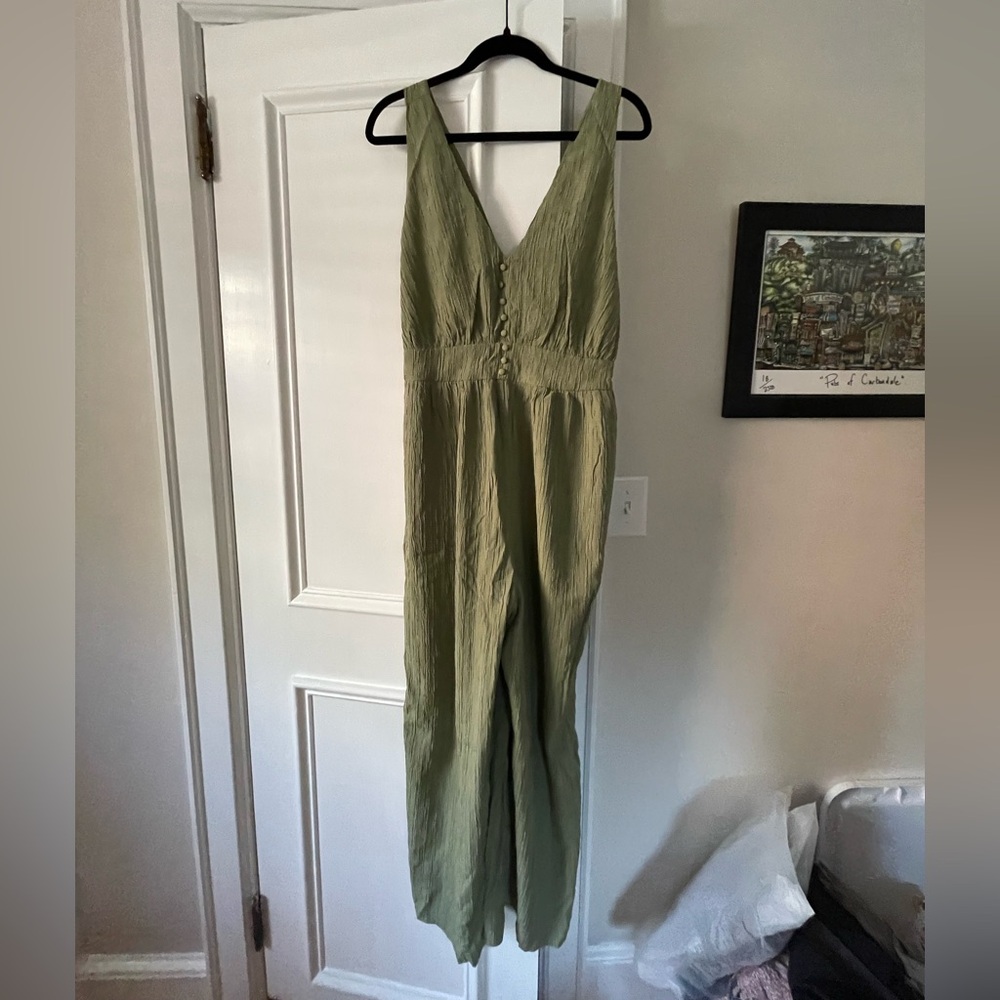 Lush Olive Green V-Neck Button-Front Jumpsuit